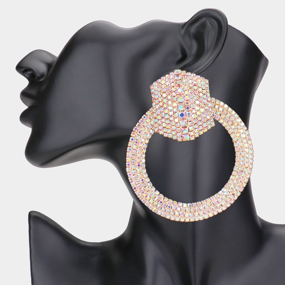 Gold Rhinestone Pave Hexagon Open Circle Evening Statement Earrings